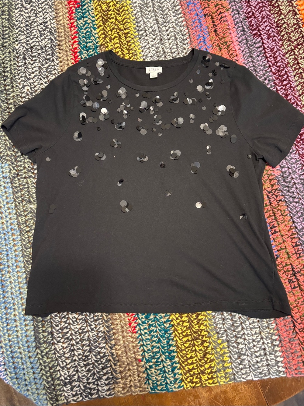 “FUN” J. Crew Black Short Sleeve Sequin Tee